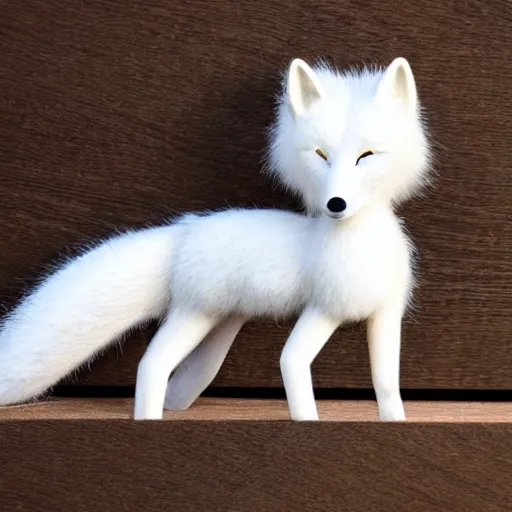 Image similar to close - up shot of a wooden handmade doll of a white fox, highly detailed, sharp focus, promo photo, by shaun tan,