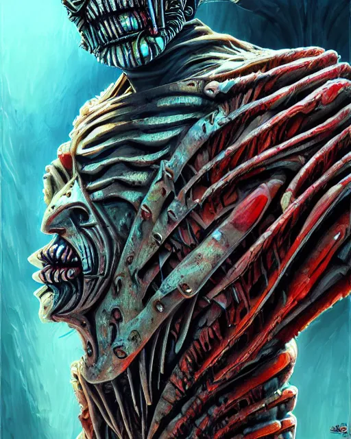 Image similar to cyborg freddy krueger, by antonio j. manzanedo, giger, alex grey, android jones, wayne barlowe, philippe druillet, raymond swanland, cyril rolando, josephine wall, harumi hironaka, trending on artstation