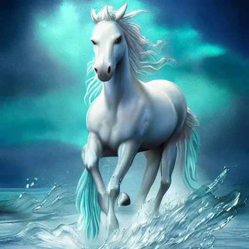 Image similar to a fantastical transparent small turquoise spirit horse made of water and foam and algae and ice, splashing water, wave, translucent, ethereal, noble, radiant, hyperalism, scottish folklore, digital painting, artstation, concept art, smooth, 8 k frostbite 3 engine, ultra detailed, art by artgerm and greg rutkowski and magali villeneuve