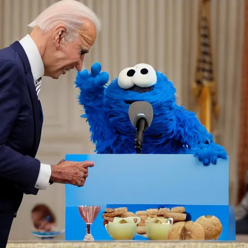 Image similar to joe biden argues with the cookie monster from sesame street