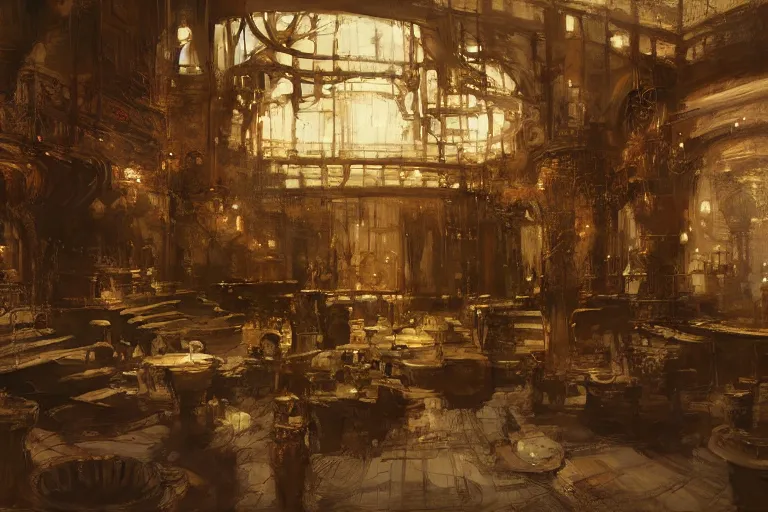 Image similar to alchemy workshop interior, intricate, elegant, highly detailed, john park, craig mullins, sparth, ruan jia, jeffrey catherine jones