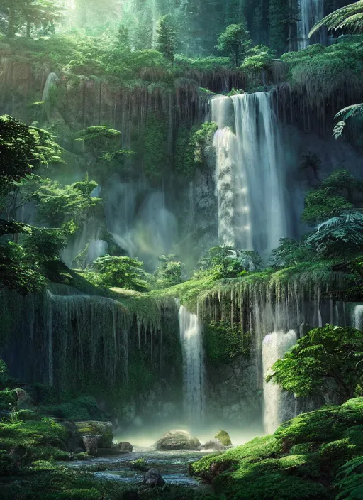 Image similar to beautiful big house in the forest, a big waterfall flows down from the mountain, octane render, fabulous, hyper detailed, random cinematic view, no noise, global illumination, warm lighting, volumetric, godrays, vivid, beautiful, by jordan grimmer