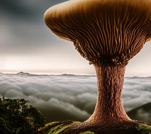 Image similar to a giant mushroom covers a whole kingdom and reaches above the clouds. intricate. lifelike. soft light. sony a 7 r iv 5 5 mm. cinematic post - processing