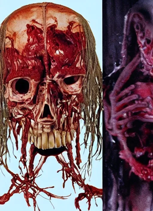 Prompt: horror practical fx of an a dismembered a teratoma with crooked teeth realizing that he is a sentient being in the middle of a room by dario argento and david cronenberg 1 9 7 0 creepshow