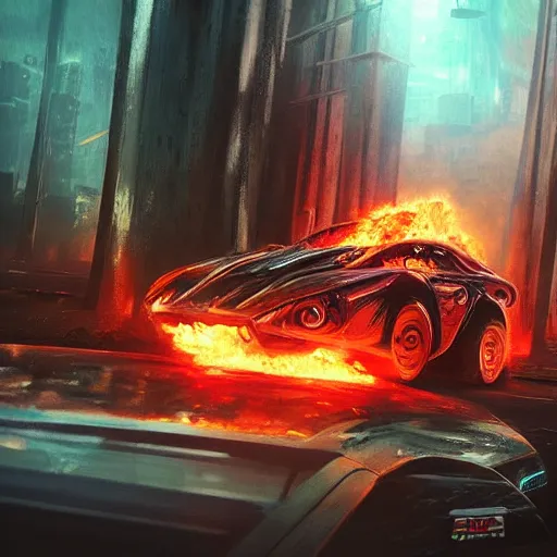 Image similar to { cyberpunk car on fire in the middle of the woods }, stylized, artgerm, artstation, hd, cgsociety, cgi, realistic, dramatic, cinematic, artistic, trending, detailed