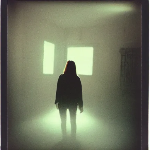 Image similar to you are lost in the backrooms, ghost, polaroid, laminal space, foggy