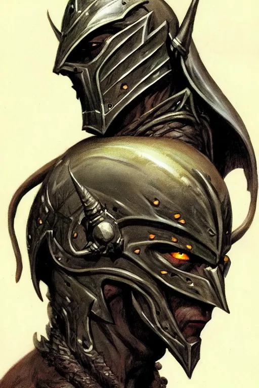 Prompt: head and shoulders portrait of an eldrich knight, drow, dark elf, shadar kai, armored, magical, male, high fantasy, d & d, by frank frazetta, face details, extremely detailed, digital illustration