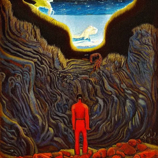 Prompt: a painting of a man standing in front of a cave, a surrealist painting by nikolai astrup, deviantart, psychedelic art, lovecraftian, cosmic horror, poster art