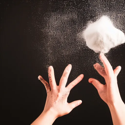 Image similar to a photo of the hands of a magician manipulating a smooth dough floating and spinning in the air, black background, flour dust spray, backlit, high quality action photography, studio photo, 50mm