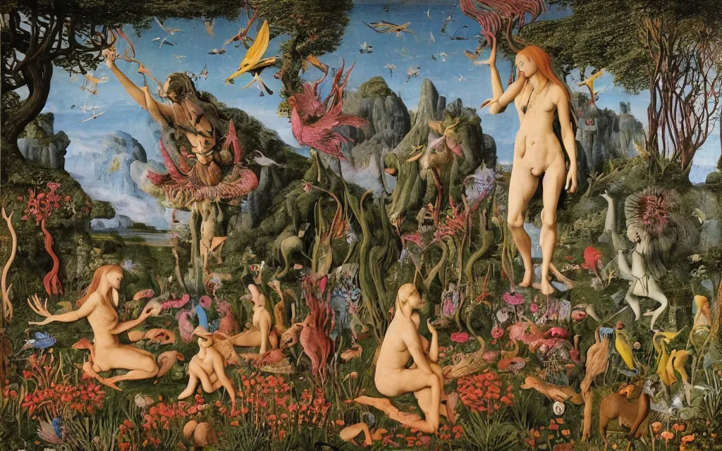 Image similar to a photograph of a meditating centaur shaman and a harpy mermaid feeding animals. surrounded by bulbous flowers, animals and a few trees. river delta with mountains and cliffs under a blue sky full of burning stars and birds. painted by jan van eyck, max ernst, ernst haeckel, ernst fuchs and artgerm. trending on artstation