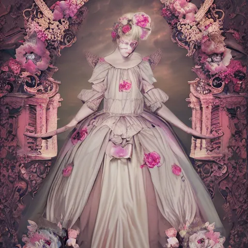 Image similar to 8 k, octane render, realism, tonalism, renaissance, rococo, baroque, cotton candy, creepy young lady wearing long highly detailed dutch renaissance harajuku manga dress with flowers and skulls ( background chaotic flowers )