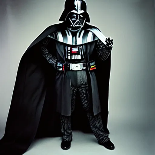 Image similar to bernie sanders wearing darth vader costume. photo portrait by Annie Leibowitz