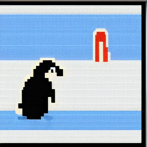 Image similar to arctic landscape, 8 bit pixel art, penguin, hut