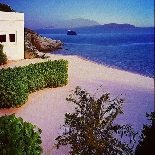 Image similar to “A photo of a beach and a french garden in 1993, tarot-like landscape it's lit by the camera flash. Surreal Greek architecture, mason, occult tarot symbols. Far away sail boat at the ocean”