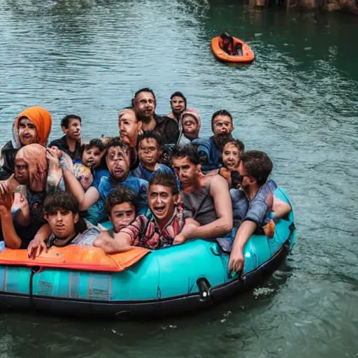 Prompt: a group of refugees on a raft, water ride amusement park, war photography