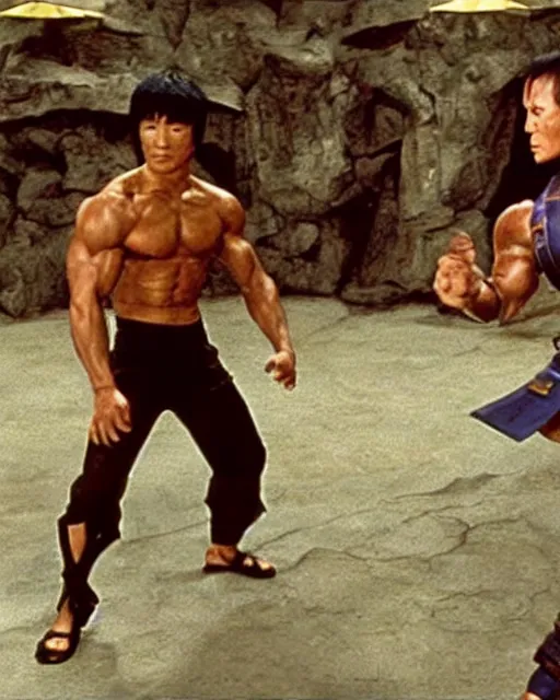 Image similar to on a mortal kombat video game battle stage, bruce lee stands off against arnold schwarzenegger dressed as conan the barbarian