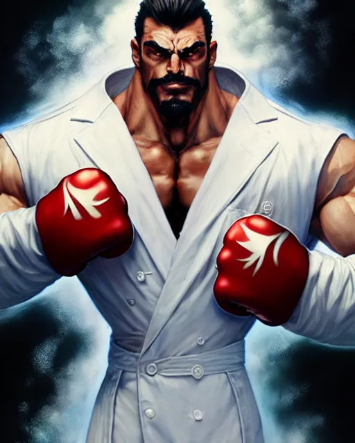 Image similar to gigachad luigi bodybuilder fighting like street fighter in a white suit, fantasy character portrait, ultra realistic, anime key visual, full body concept art, intricate details, highly detailed by greg rutkowski, ilya kuvshinov, gaston bussiere, craig mullins, simon bisley