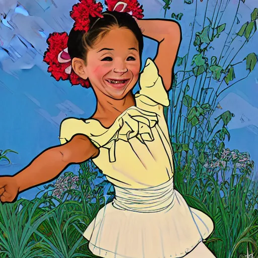 Image similar to a mixed race hapa five - year - old girl, dressed as a ballerina, performing at the washington dc botanical gardens, smiling into the camera, portrait, wide shot, midday light, bright colors, illustration, pop art, splash painting, art by geof darrow, ashley wood, alphonse mucha