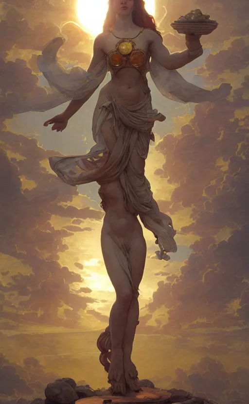 Image similar to solarpunk four armed statue of the goddess of the sun helios descending from olympus, artstation, concept art, smooth, sharp focus, illustration, art by artgerm and greg rutkowski and alphonse mucha and william adolphe bouguereau and john william waterhouse and gianlorenzo bernini