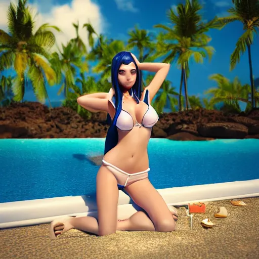 Image similar to beautiful render of pretty pool party Caitlyn (league of legends) looking at the horizon in a hawaii beach, symmetric face, beautified, 3d, octane render, realistic, highly detailed, trending on artstation