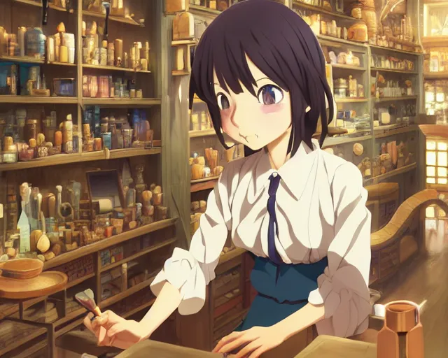 Image similar to anime visual, portrait of a young female traveler in a alchemist's shop interior, cute face by yoh yoshinari, katsura masakazu, studio lighting, dynamic pose, dynamic perspective, strong silhouette, anime cels, ilya kuvshinov, cel shaded, crisp and sharp, rounded eyes, moody