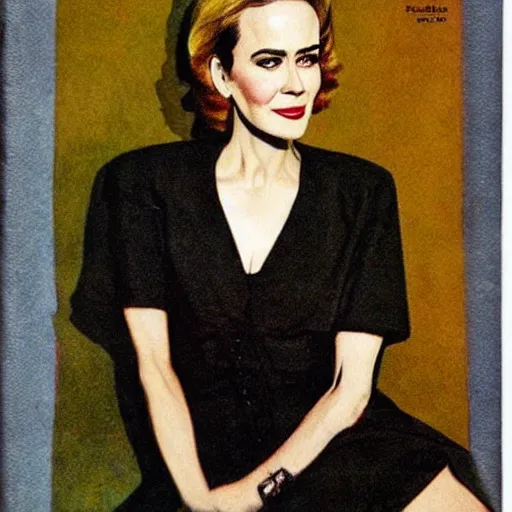 Prompt: “Sarah Paulson portrait, color vintage magazine illustration 1950”