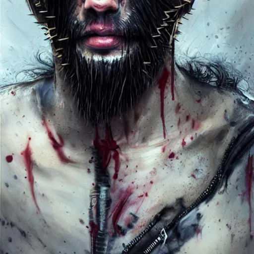 Image similar to portrait painting of a sneering biker with pale skin and spiky hair and a patchy beard and blood stains on his mouth, sharp focus, ultra realistic, concept art, intricate details, eerie, highly detailed, photorealistic, octane render, 8 k, unreal engine. art by artgerm and charlie bowater and greg rutkowski