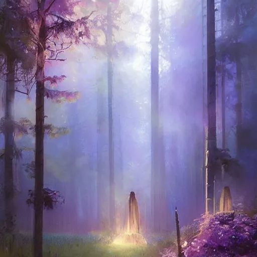 Image similar to mystical realistic poster with shaded lighting by craig mallismo, artgerm, jeremy lipkin and michael garmash, radiant light, detailed and complex environment solace, peaceful mist, beautiful, utopic spiritual city with temples, old growth pine trees, overlaid sacred geometry, with implied lines, gradient of purple and blue