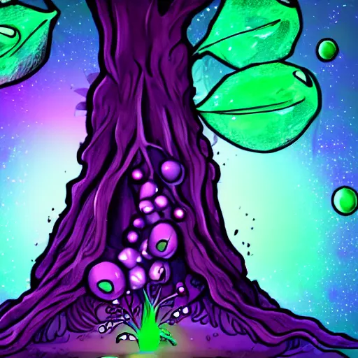 Prompt: a crazy alien tree with purple leaves and glowing green crystal fruit, cinematic, realistic cartoon