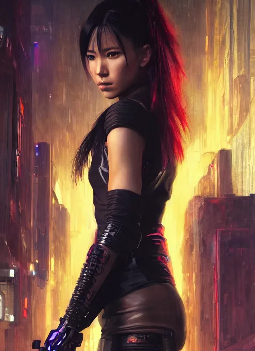 Prompt: Nikki Tanaka. Cyberpunk hitwoman in futuristic clothes (blade runner 2049, cyberpunk 2077). Orientalist portrait by john william waterhouse and James Gurney and Theodore Ralli and Nasreddine Dinet, oil on canvas. Cinematic, hyper realism, realistic proportions, dramatic lighting, high detail 4k