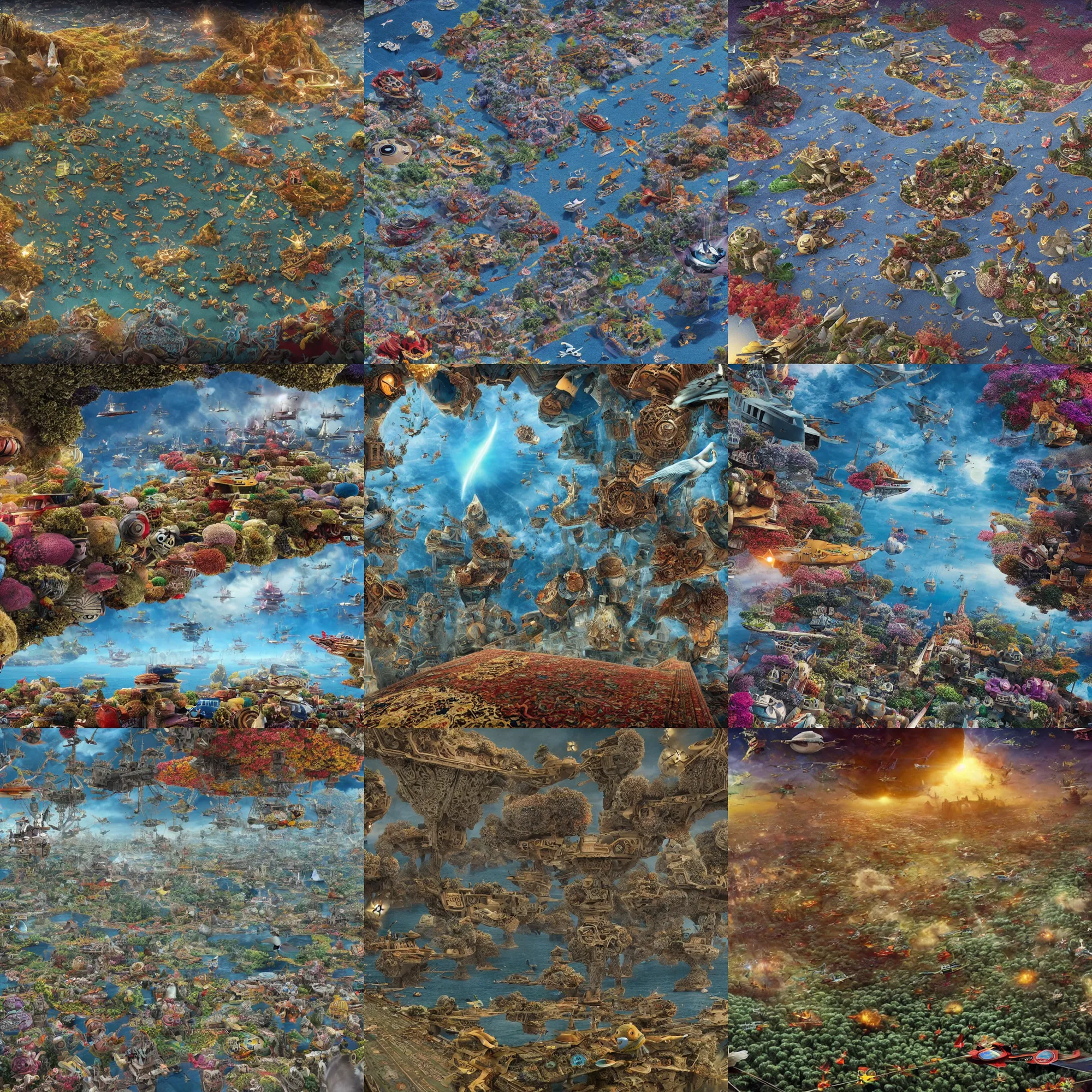 Prompt: enemy fleet is on a march in magic Fluffy 3d Persian Carpet dimension, everything is carpet and 3d, birds and trees, surreal, Pixar movie panorama, immense detail, epic, striking