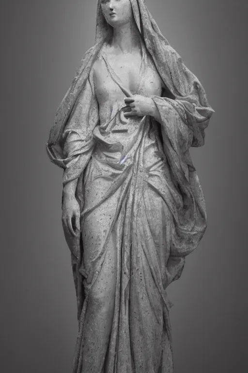 Image similar to a cinematic view of an highly ornated intricate macabre impressionist sacred statue of veiled girl made in light concrete, with few ornaments in shiny polished graphite, sculpted by hedi xandt and antonio corradini