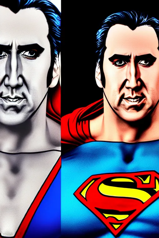 Image similar to portrait of nicolas cage as superman looking away from the camera, intricate, hyperrealistic, drawn as a manga character, artstation