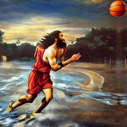 Image similar to A photo of jesus playing basketball while running on water