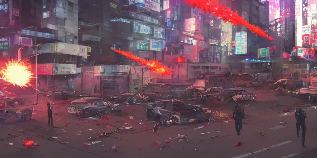 Prompt: 1991 Video Game Screenshot, Anime Neo-tokyo Cyborg bank robbers vs police, bags of money, Helipad, Rooftop, Police officer hit, Bullet Holes and Blood Splatter, Hostages, Smoke Grenade, Sniper Fire, Chaotic, Cyberpunk, Money, Anime Bullet VFX, Machine Gun Fire, Violent, Action, FLCL, Shootout, Highly Detailed, 8k :4 by Katsuhiro Otomo + Studio Gainax + Arc System Works : 8