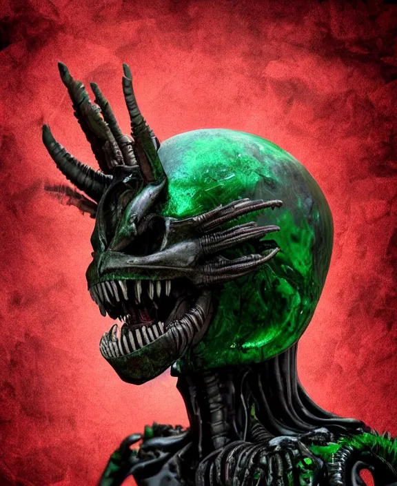 Image similar to xenomorph queen goth model skull eyes hybrid, dragon eggs, dark emerald mist colors, giger background liminal void, cinematic lighting, realistic, award winning photograph, various refining methods, micro macro autofocus