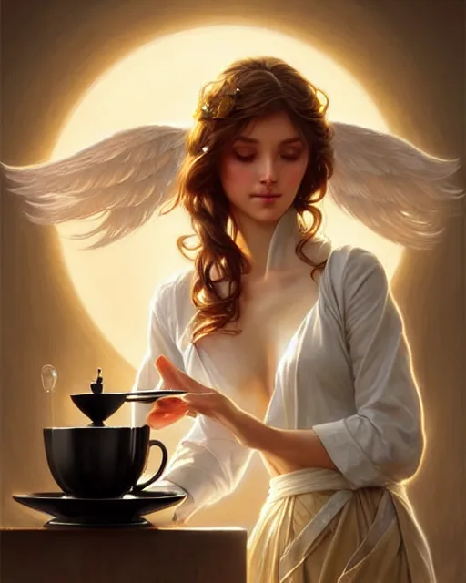 Prompt: a dreamy angelic barista pouring latte art, fantasy character portrait, ultra realistic, intricate, elegant, highly detailed, digital painting, artstation, smooth, sharp, focus, illustration, art by artgerm and greg rutkowski and alphonse mucha