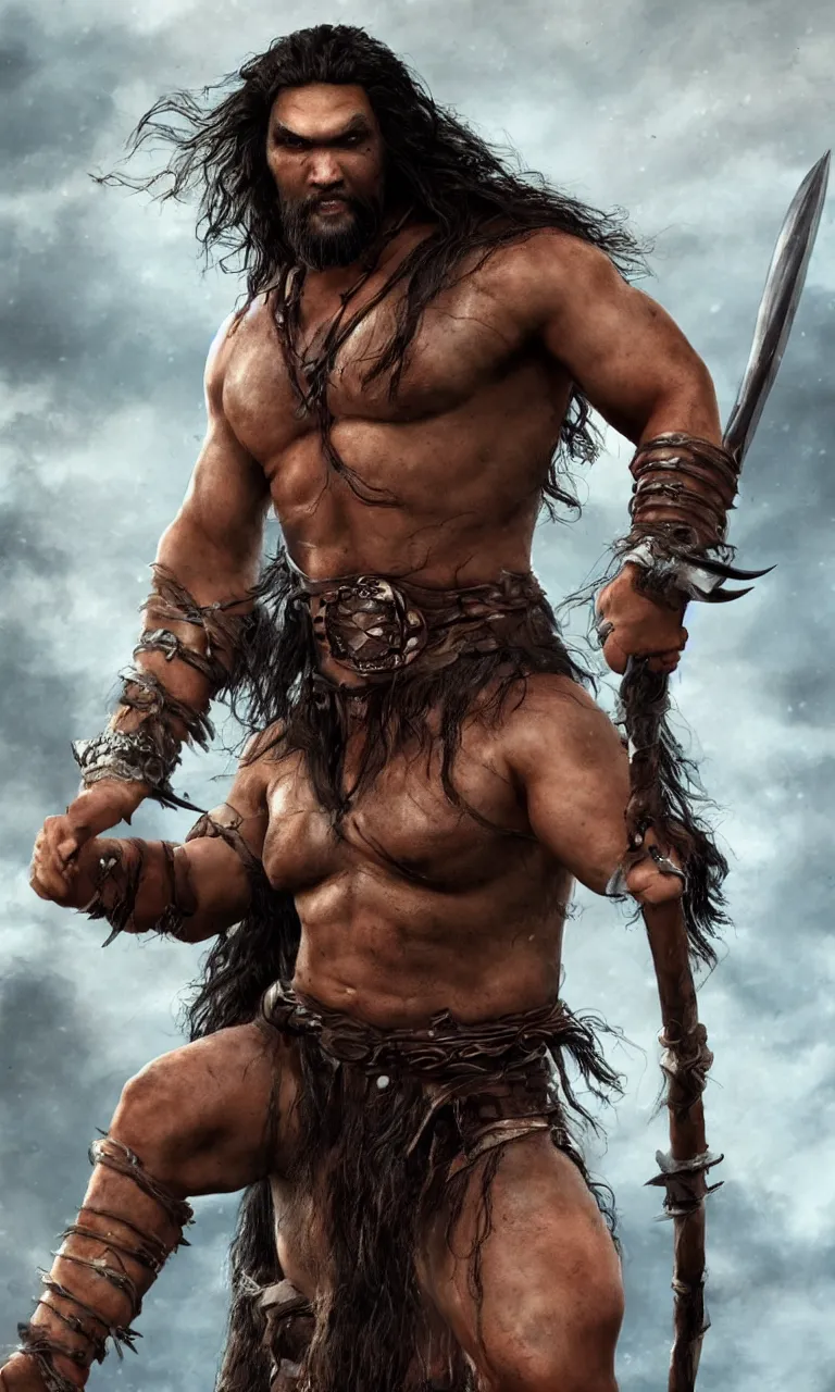 Image similar to hyper realistic digital painting of jason momoa as conan the barbarian by simon bisley, vivid color scheme, unreal engine 5