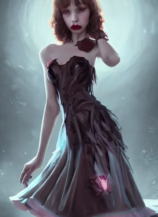 Image similar to beautiful fashion cute imp demon female strapless dress, character portrait in the style of thomas river and artgerm, wlop, cinematic lighting, hyperdetailed, 8 k realistic, symmetrical, global illumination, radiant light,, frostbite 3 engine, cryengine, dof, trending on artstation, digital art, chanel