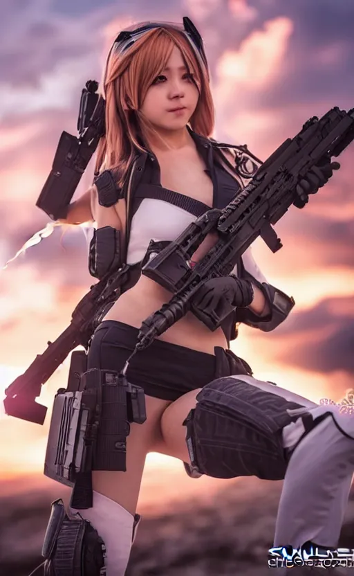 Prompt: highly detailed, high resolution, cosplay photo, octane, stunning, realistic lightning, real sunset, real water, character from girls frontline, sharp focus, 150mm, trending on facebook, by professional photographer, realistic anatomy, realistic military gear, realistic guns