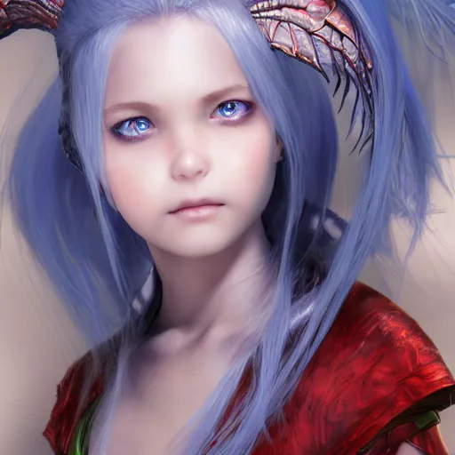 Prompt: portrait of young girl half dragon: 5 , dragon skin, dragon ears, blue hair, long hair, highly detailed 3D render, 8k, rpg concept art character, jrpg character, manga, anime, video game character, concept art, by Yoshitaka Amano