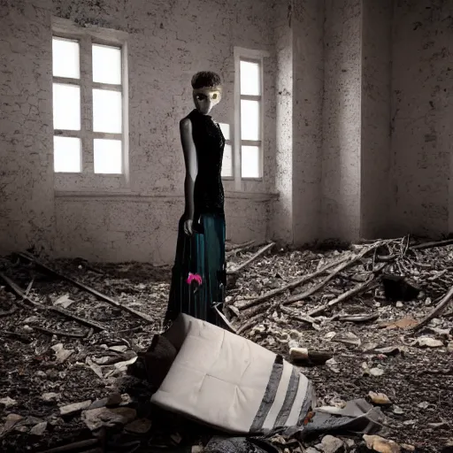 Prompt: medium format photograph of a surreal fashion shoot in an abandoned building, camera flash