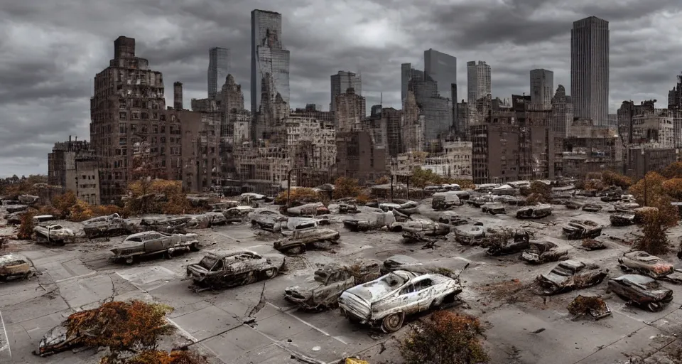 Image similar to wide angle shot of dilapidated zombie - apocalypse new york city in real life, desolate with zombies, dilapidated, zombies on the streets, nightmarish, some rusted style parked vehicles, sunny weather, few clouds, volumetric lighting, photorealistic, daytime, autumn, sharp focus, ultra detailed, cgsociety