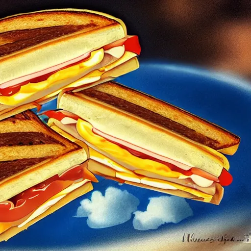 Image similar to a grilled cheese sandwich in a fight with a taco, in the clouds