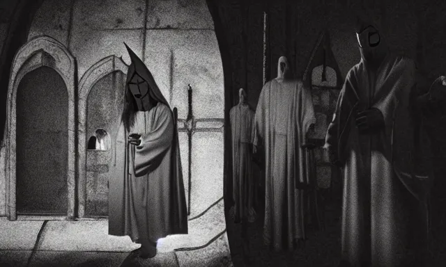 Image similar to cultist in robe with mask and gloves, satanic church interior, ceremonial, realistic photo, cctv footage, horror lighting, dim lighting