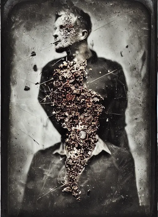 Image similar to old wetplate daguerreotype portrait wretched war by damian hirst, explosion of data fragments, fractal, intricate, elegant, highly detailed, parallax, leica, medium format, subsurface scattering, by marie harnett