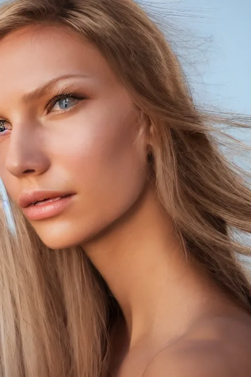 Image similar to head shot photo of a blonde female model in her twenties, silky straight hair, wearing a designer top, looking content, photo realistic, extreme detail skin, natural beauty, no filter, slr, golden hour, 4 k, high definition, selfie