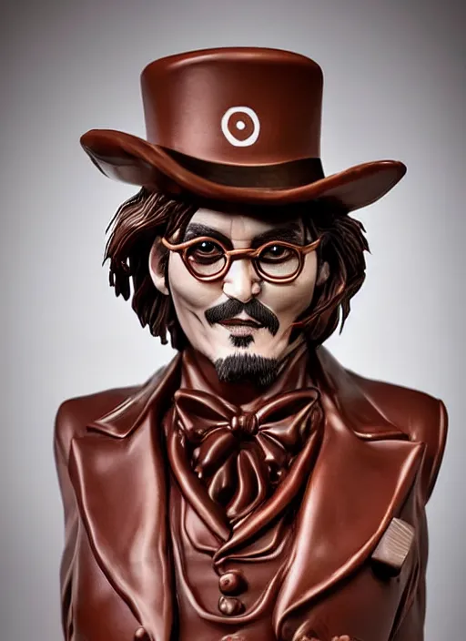 Prompt: chocolate! sculpture of johnny depp as willy wonka, chocolate art, candy decorations, fully chocolate, studio lighting, food photography