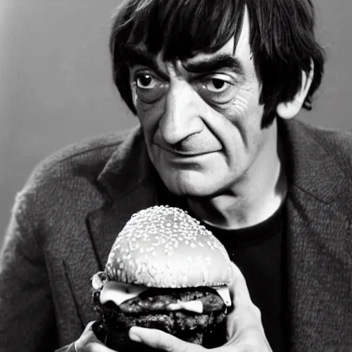 Prompt: patrick troughton faces a huge burger, photo