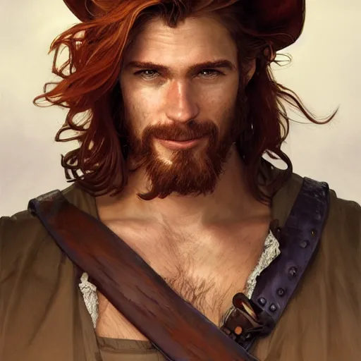 Image similar to portrait of a young ruggedly handsome but joyful pirate, male, masculine, upper body, red hair, long hair, d & d, fantasy, mischievous smirk, intricate, elegant, highly detailed, digital painting, artstation, concept art, matte, sharp focus, illustration, art by artgerm and greg rutkowski and alphonse mucha